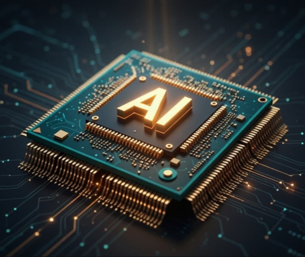 Futuristic AI microprocessor with glowing gold lettering on a dark circuit board with teal and gold traces