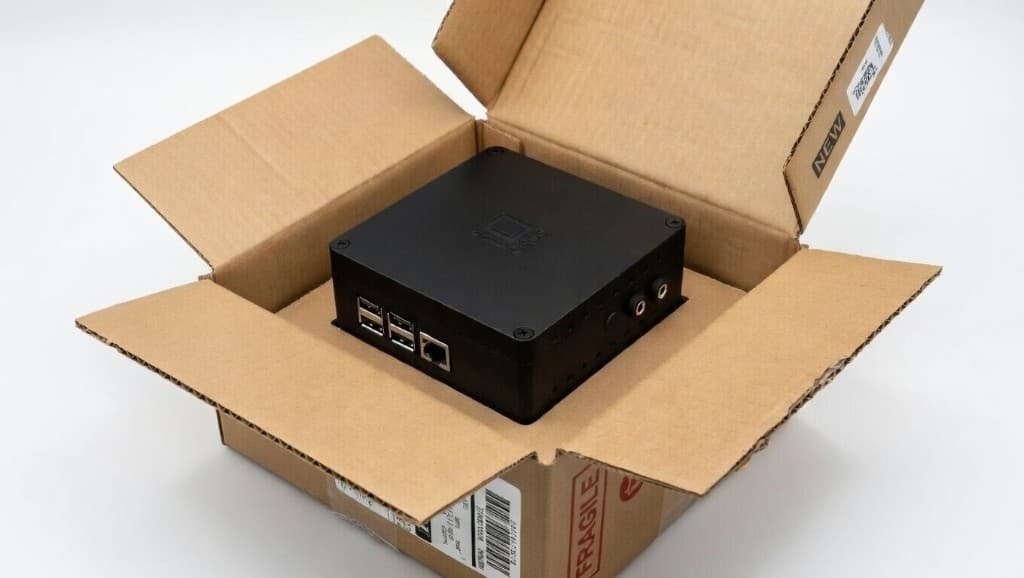 ID4OS edge gateway in protective cardboard shipping packaging, ready to unbox and install