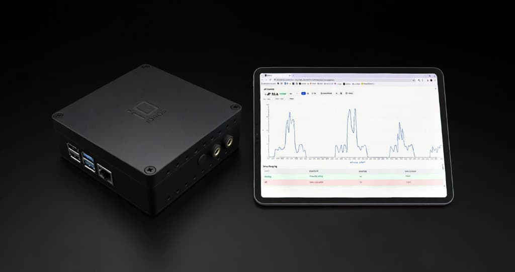 Industrial edge gateway hardware next to a tablet showing a live monitoring dashboard with a load graph and machine status table